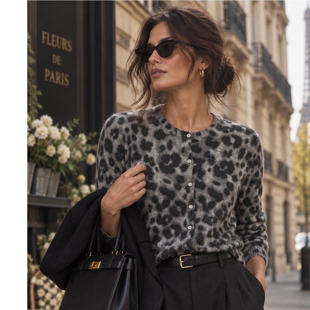 Apt. 9 Womens 100% Cashmere Leopard Print Button Front Cardigan Sweater Grey M
